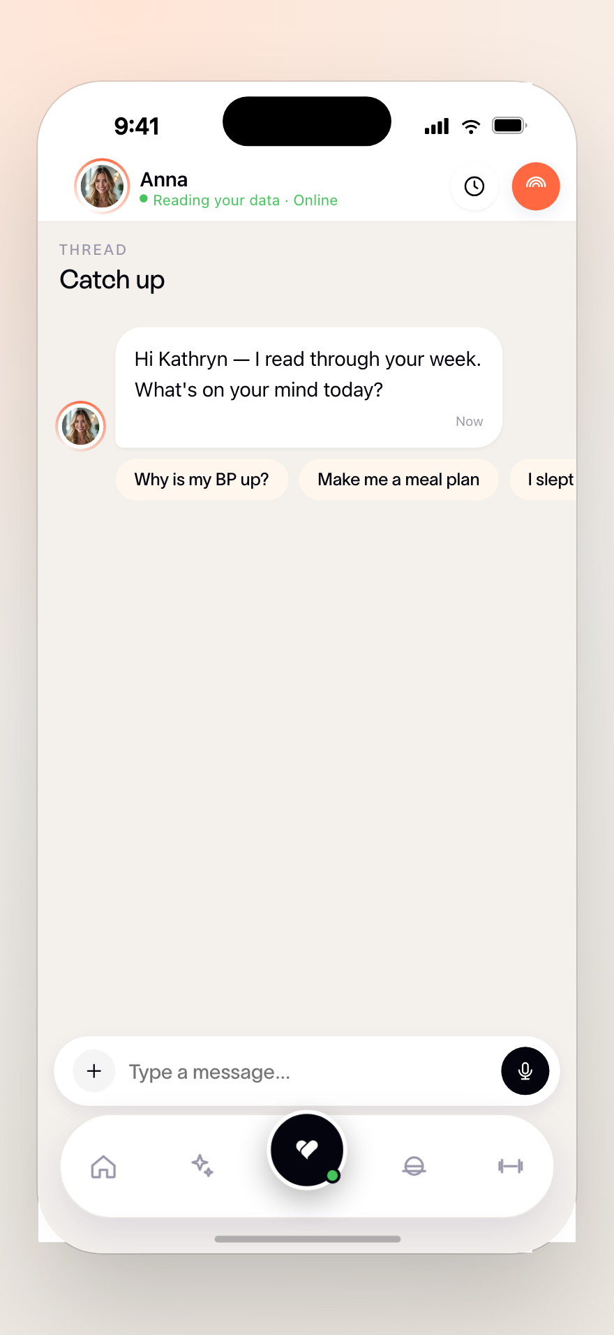 Anna, the Healify AI coach, in conversation on iOS